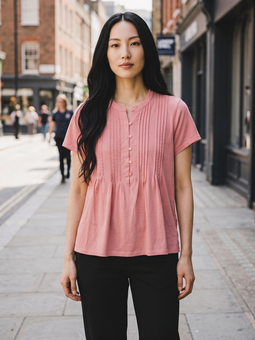 Lands' End Rose Pink Pintuck Button-Front Short Sleeve Blouse